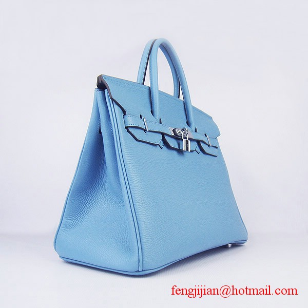 Hermes 35cm Embossed Veins Leather Bag Light Blue 6089 Silver Hardware